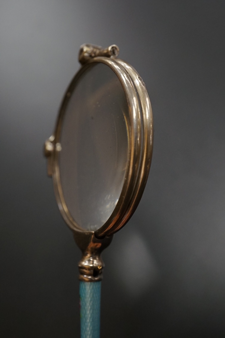 A pair of Continental silver and guilloche enamel lorgnettes, 10cm in length